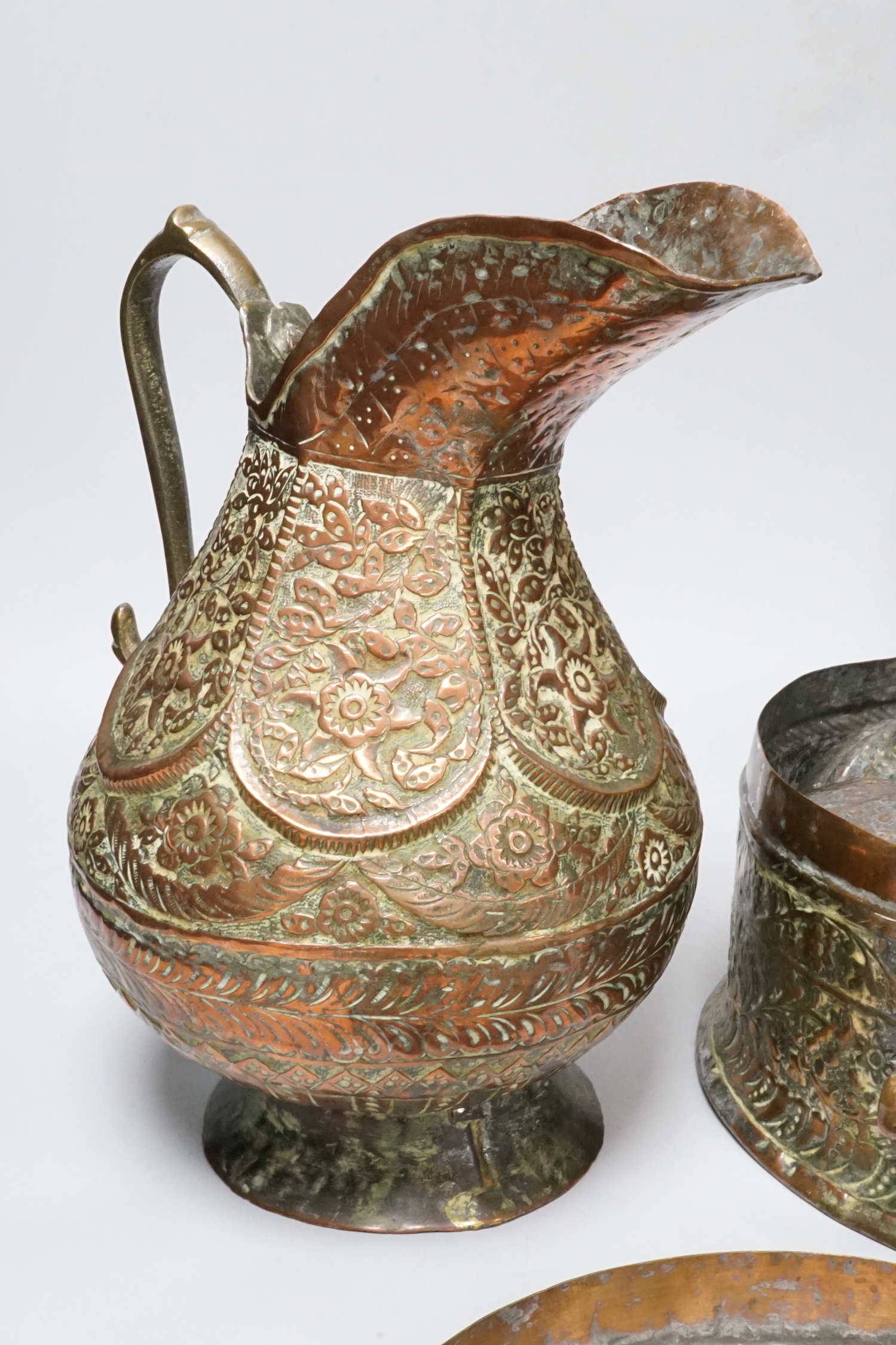 An Indian copper jug, various boxes and a tray, 26cm high